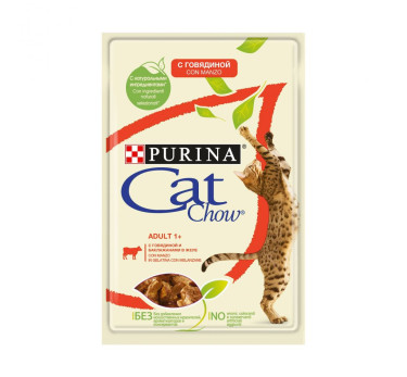 Влажный корм для кошек старше 1 года Purina Cat Chow Adult 1+, говядина и баклажаны в желе, пауч, 85 г