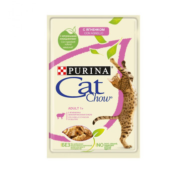 Влажный корм для кошек старше 1 года Purina Cat Chow Adult 1+, ягненок и зеленая фасоль в желе, пауч, 85 г