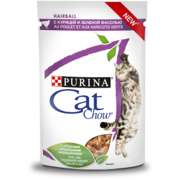Влажный корм Purina Cat Chow для взрослых кошек для контроля образования комков шерсти в ЖКТ, с курицей и зеленой фасолью в соусе, пауч, 85 г.