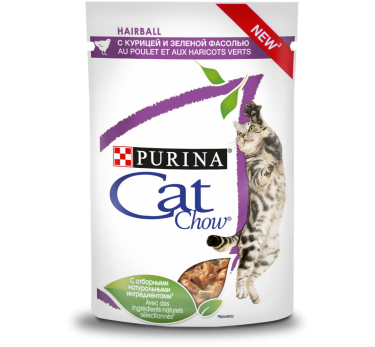 Влажный корм Purina Cat Chow для взрослых кошек для контроля образования комков шерсти в ЖКТ, с курицей и зеленой фасолью в соусе, пауч, 85 г.