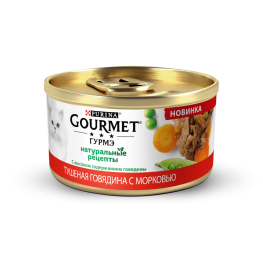Консервы Gourmet Гурмэ Натуральные рецепты для кошек с тушеной говядиной и с морковью, банка 85 г