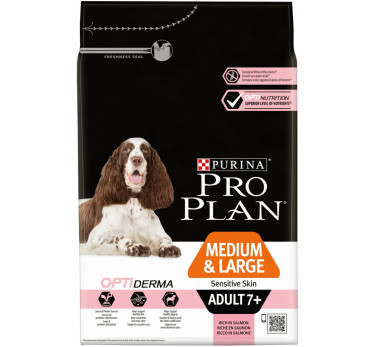 ПРО ПЛАН Сухой корм Purina Pro Plan для взрослых собак старше 7 лет средних и крупных пород с чувствительной кожей с комплексом OPTIDERMA с лососем и рисом, 3 кг
